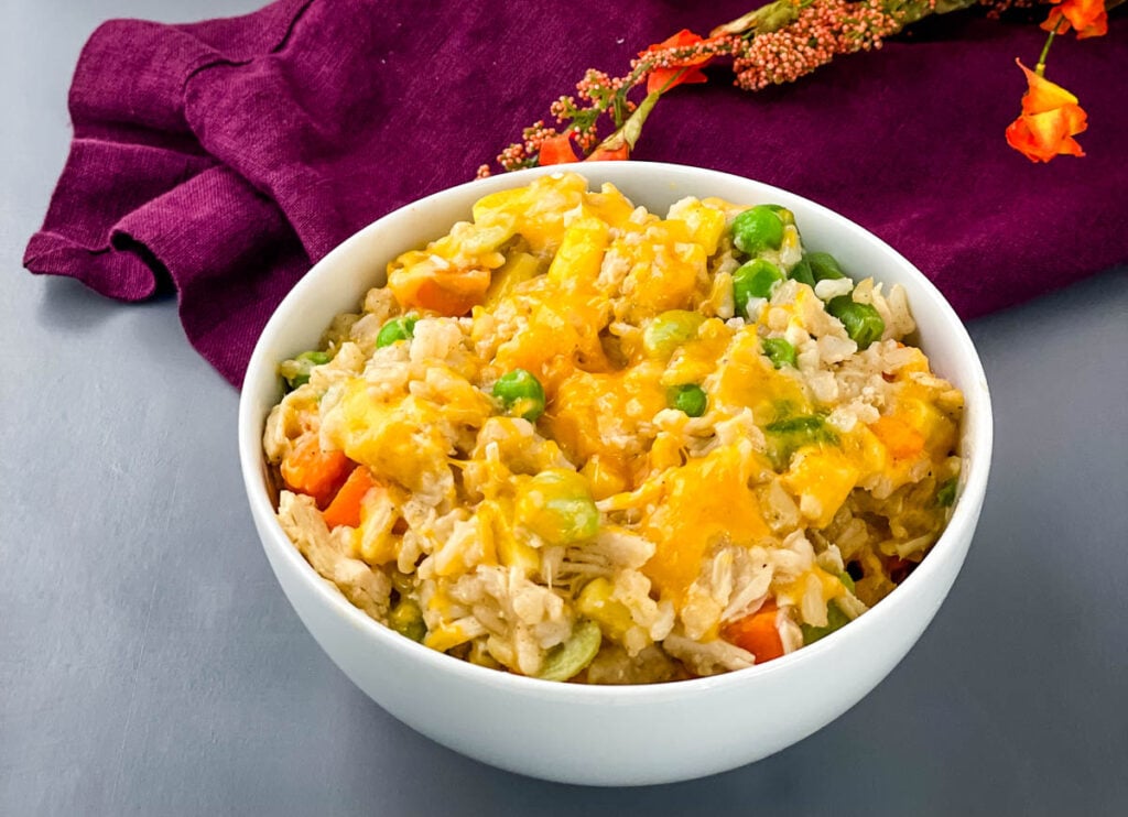 Crockpot slow cooker chicken and rice in a white bowl