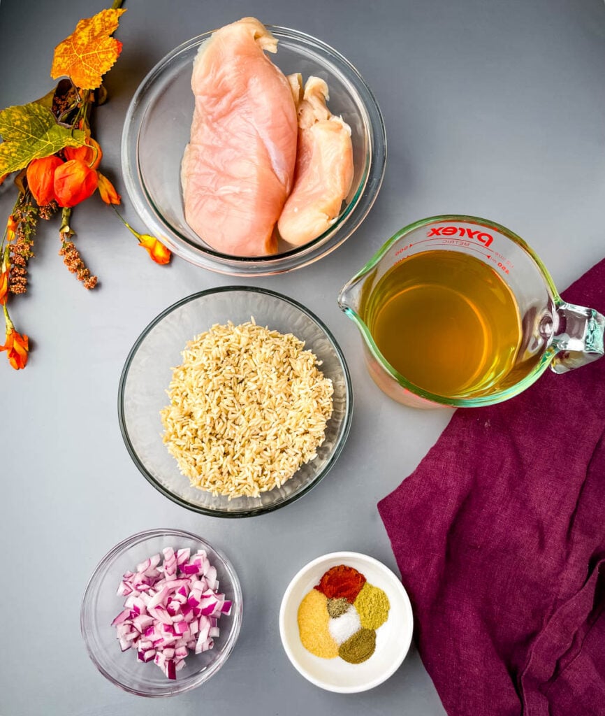 raw chicken breasts, brown rice, chicken broth, onions, and spices in separate glass bowls