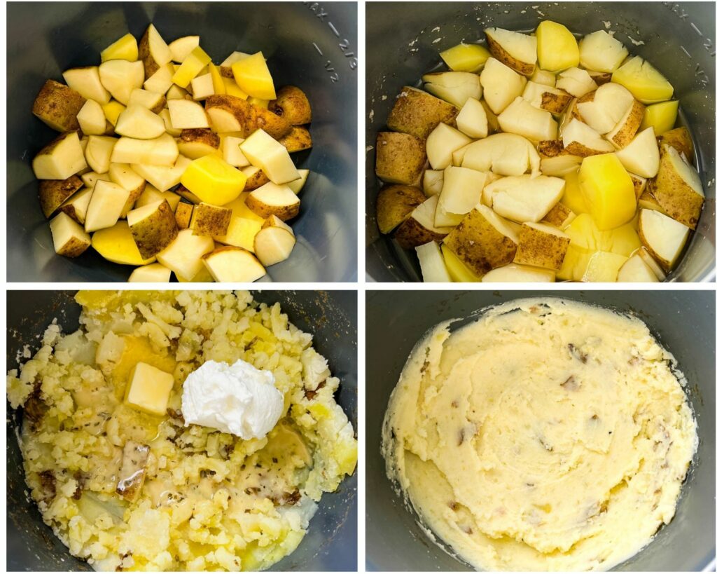 a collage photo of 4 photos showing sliced potatoes in a pot