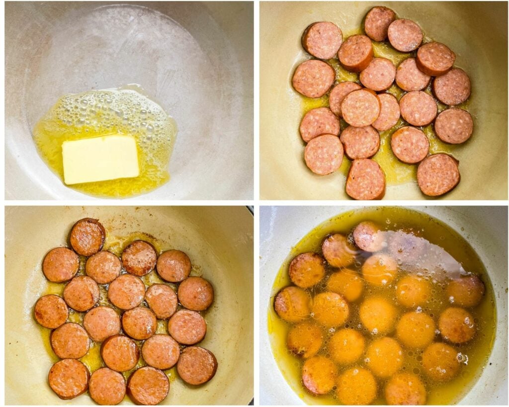 a collage of 4 photos with butter and sausage in a large pot