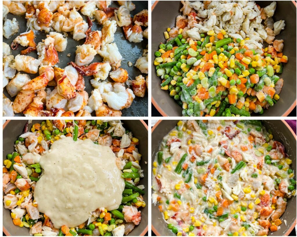 collage of 4 photos showing how to make pot pie filling with cream sauce, veggies, and seafood