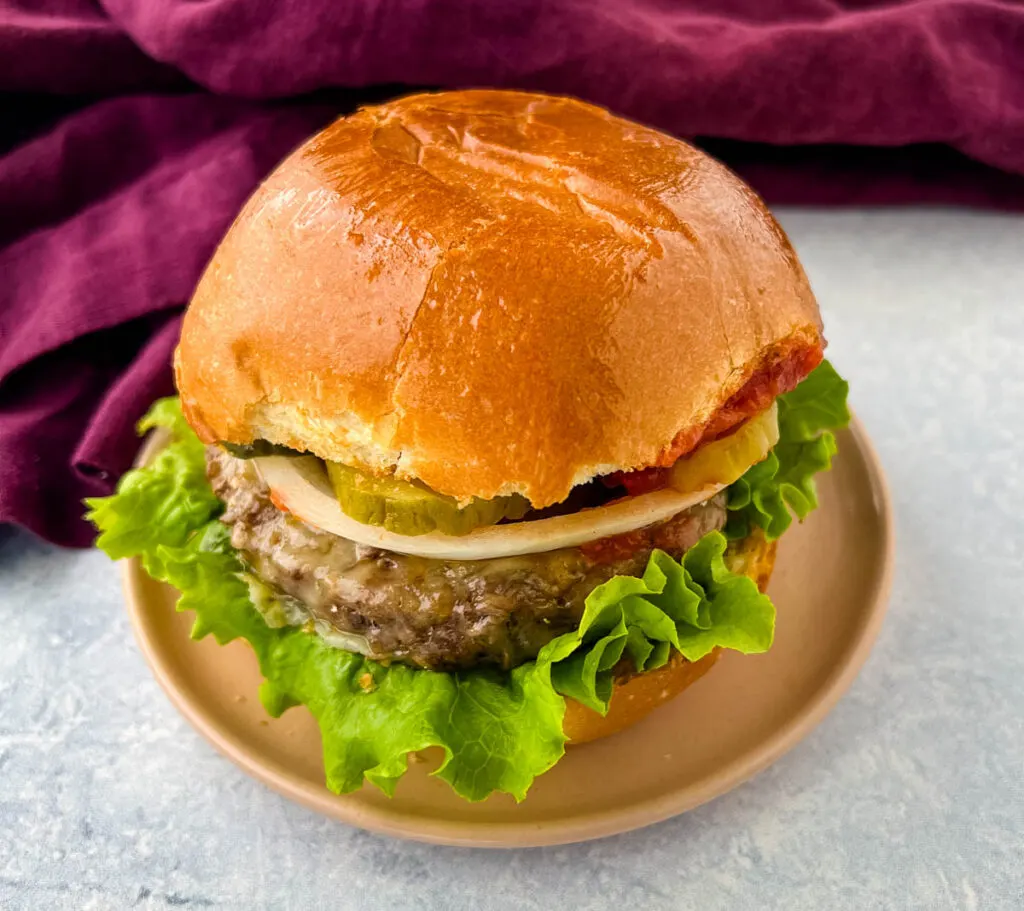 air fryer cheeseburger on a plate