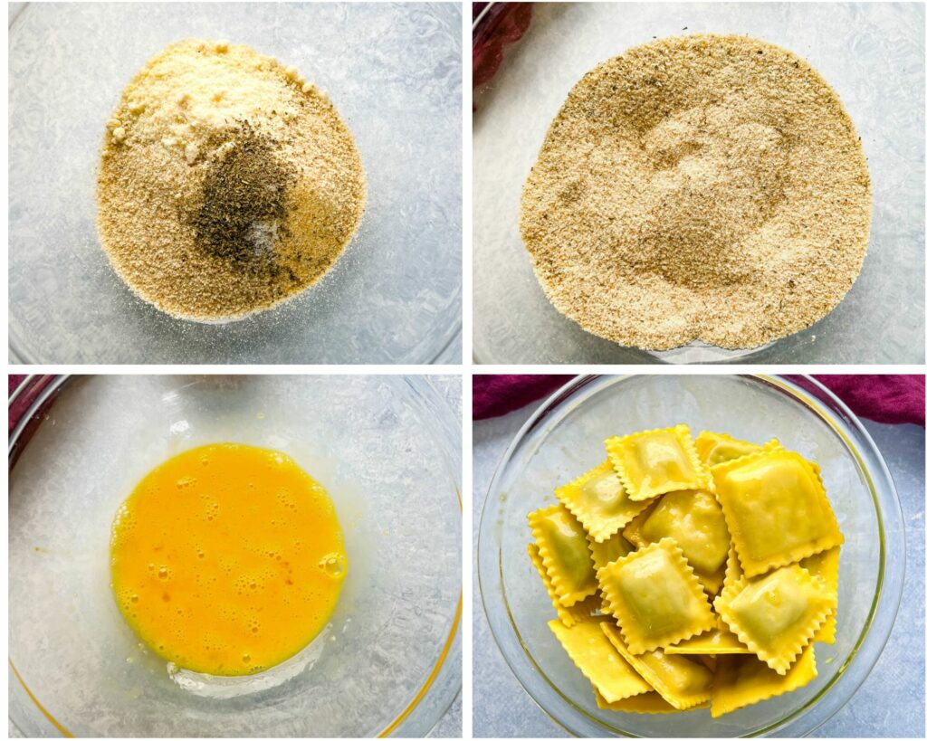 collage of 4 photos with breadcrumbs and egg breading