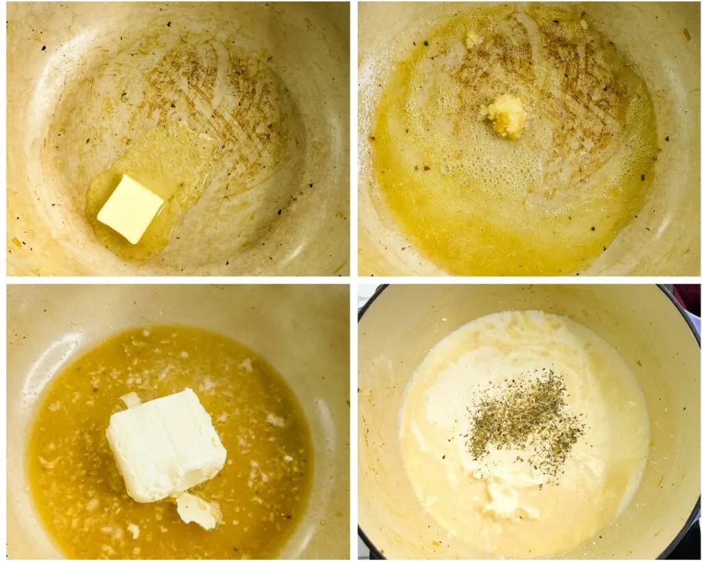 collage of 4 photos showing how to make cream sauce with butter, garlic, and chicken broth