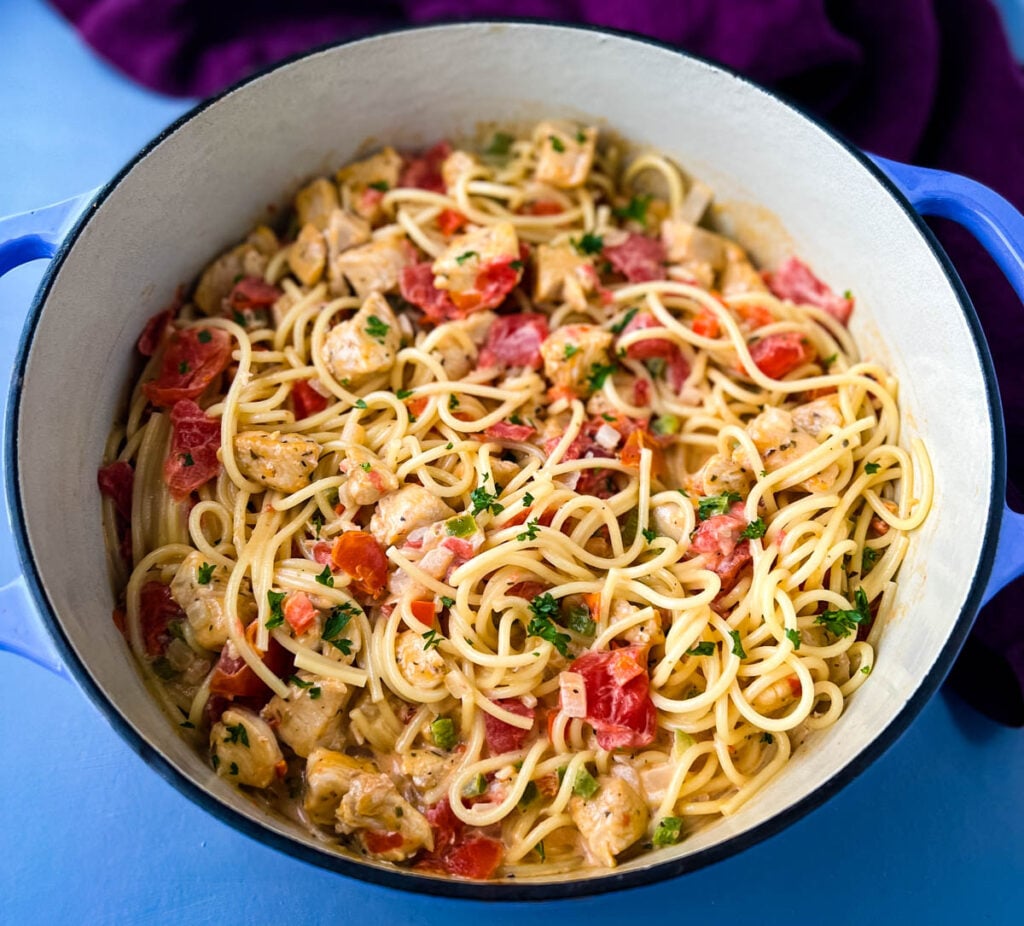 southern chicken spaghetti in a Dutch oven