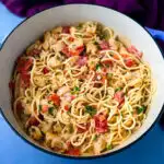 southern chicken spaghetti in a Dutch oven