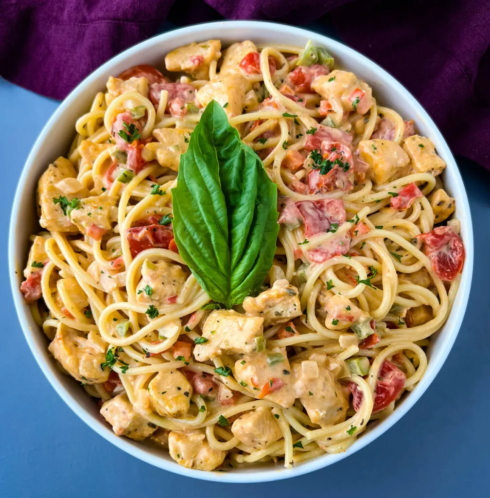 Southern chicken spaghetti in a white bowl