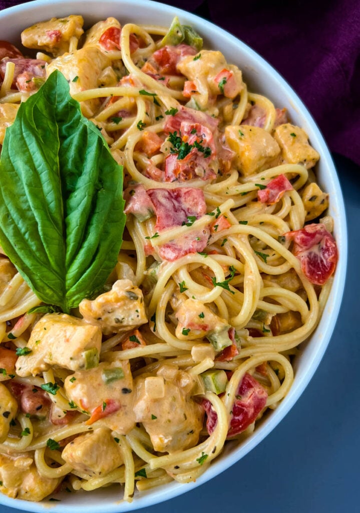 Southern chicken spaghetti in a white bowl