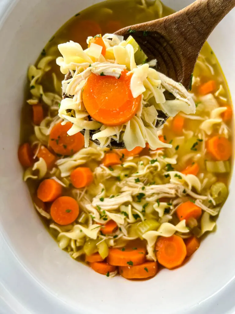 homestyle chicken noodle soup in a wooden spoon