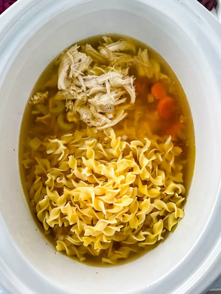 uncooked chicken noodle soup in a pot