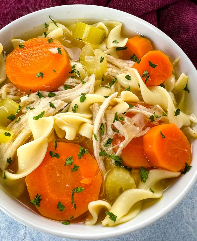 homestyle chicken noodle soup in a white bowl