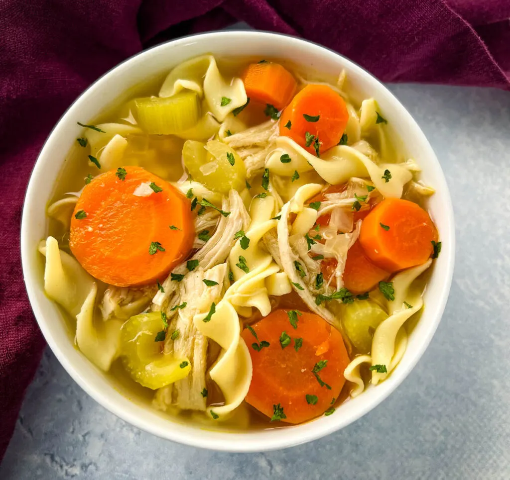 homestyle chicken noodle soup in a white bowl