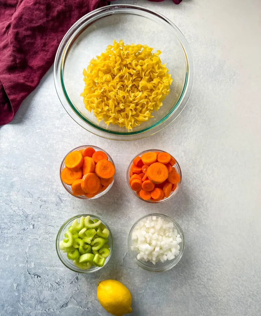 egg noodles, fresh carrots, fresh celery, fresh onions, and a lemon on a flat surface
