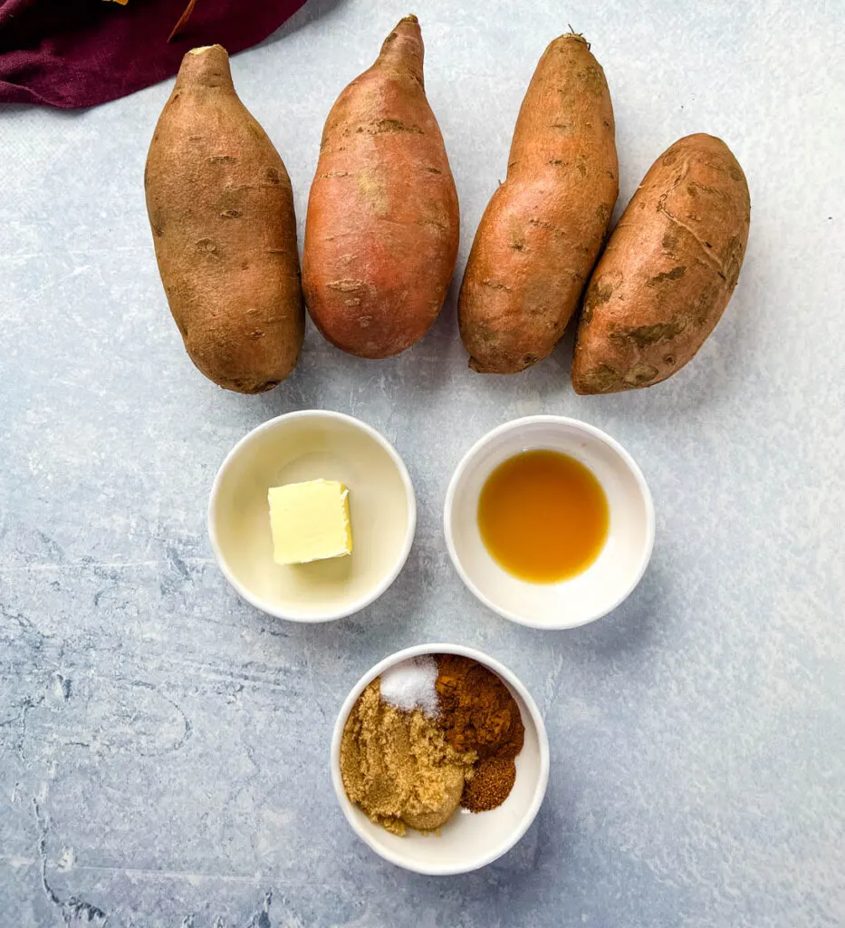 raw sweet potatoes, butter, vanilla, cinnamon, nutmeg, and brown sugar in different bowls