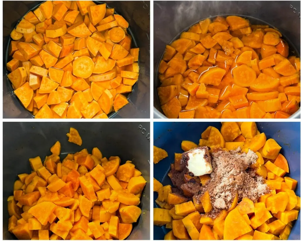 a collage photo showing cooked sweet potatoes in a pot