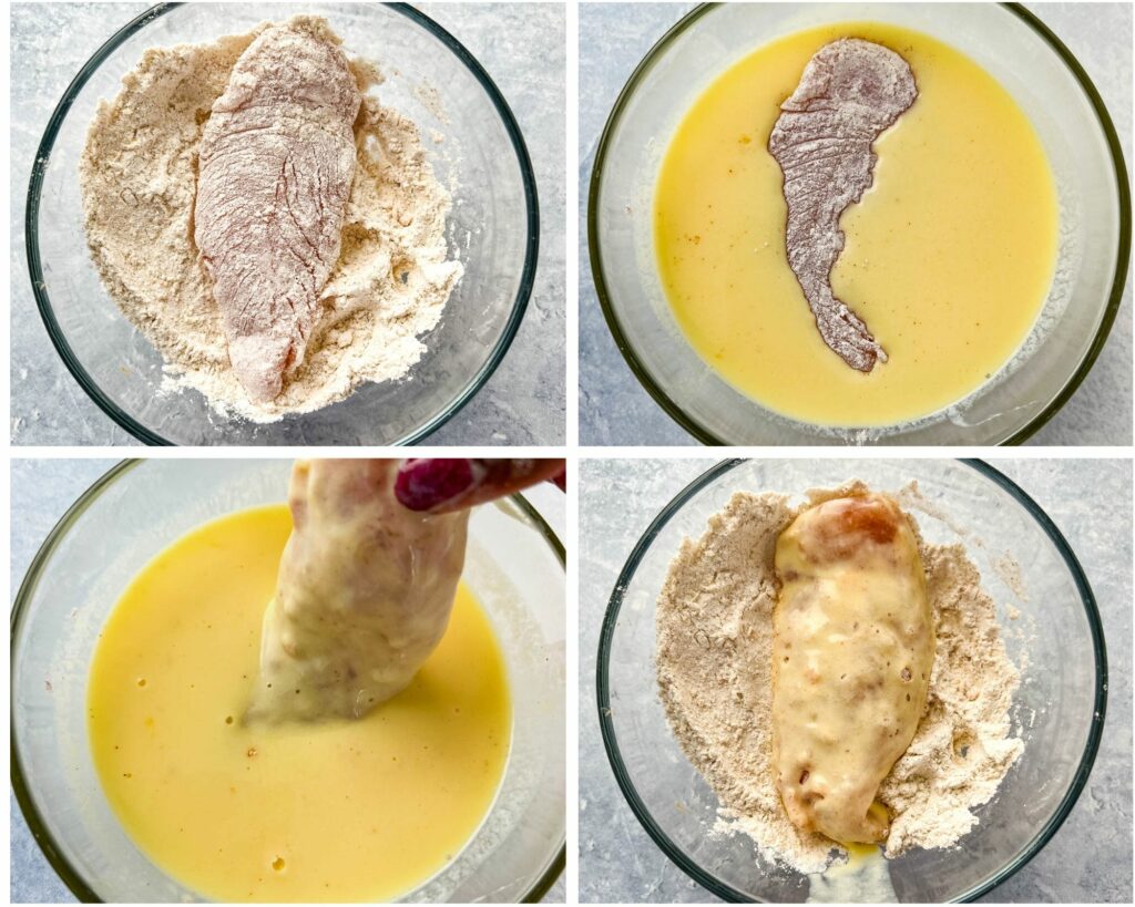 collage photo of chicken dredged in batter