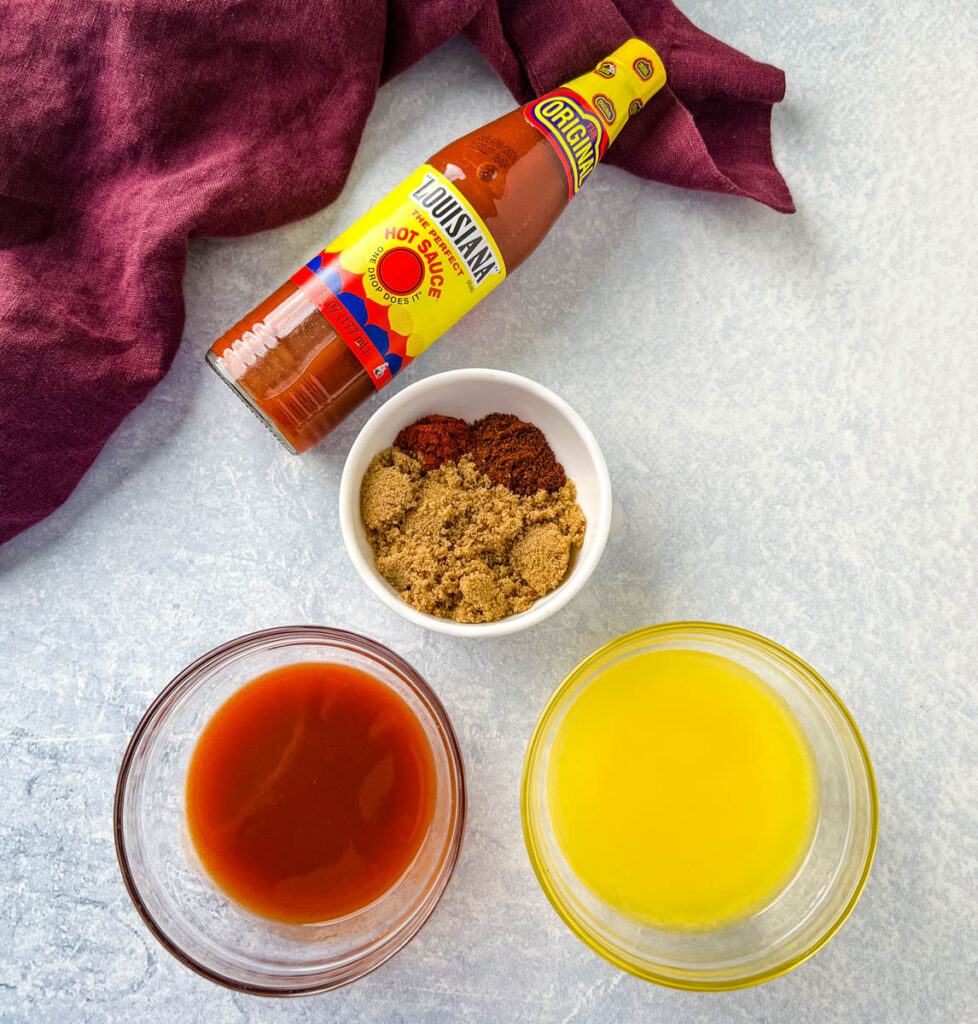 hot sauce, butter, and brown sugar in bowls