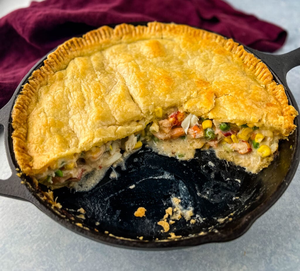 seafood pot pie baked in a cast iron skillet