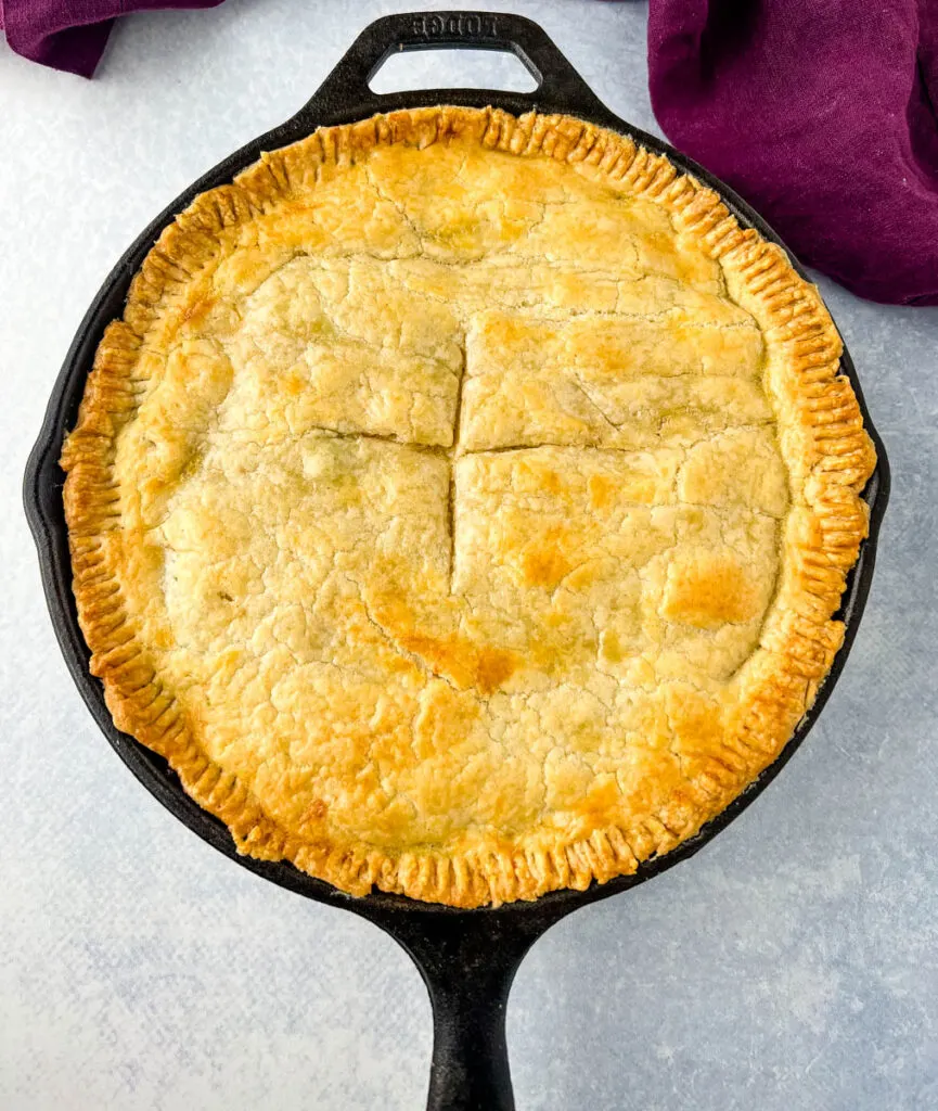 seafood pot pie in a cast iron