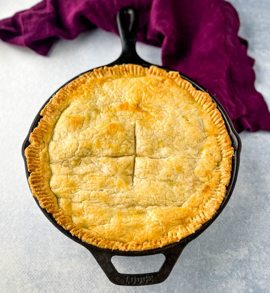 seafood pot pie in a cast iron