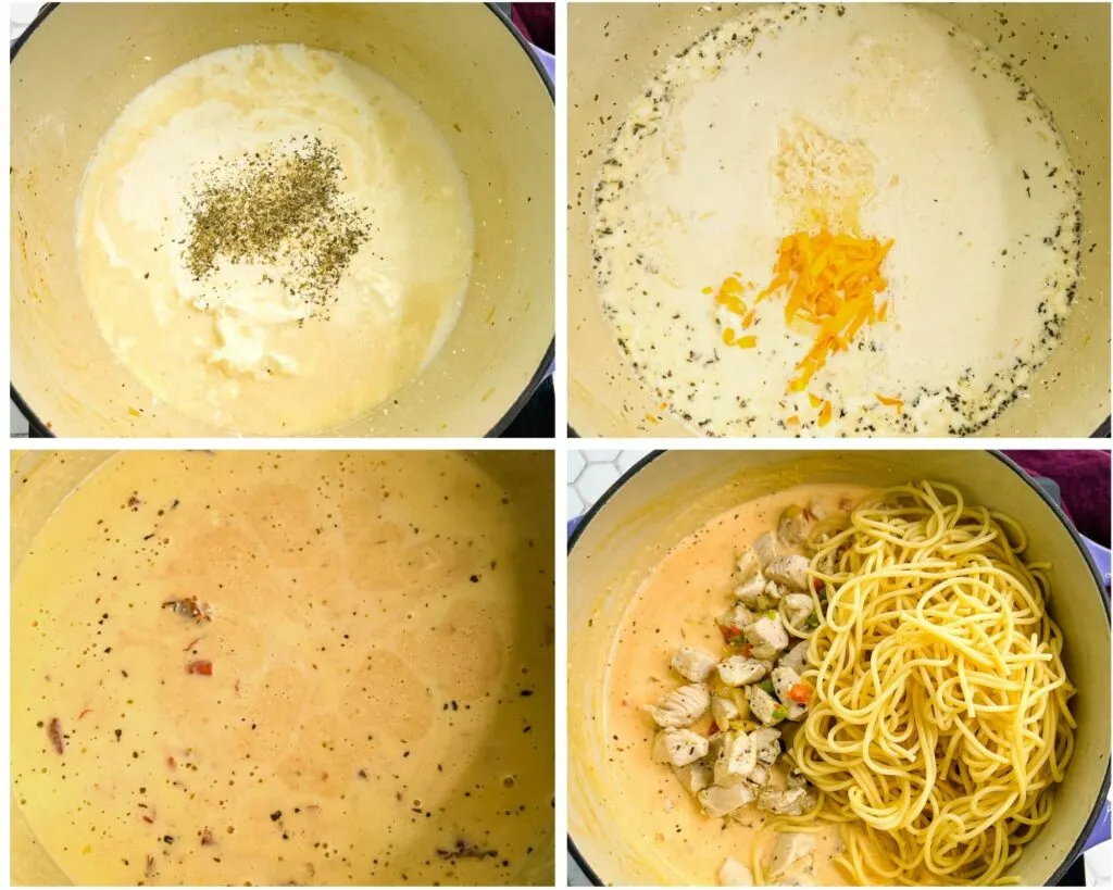 collage of 4 photos showing how to make cream sauce with butter cream cheese and cheddar
