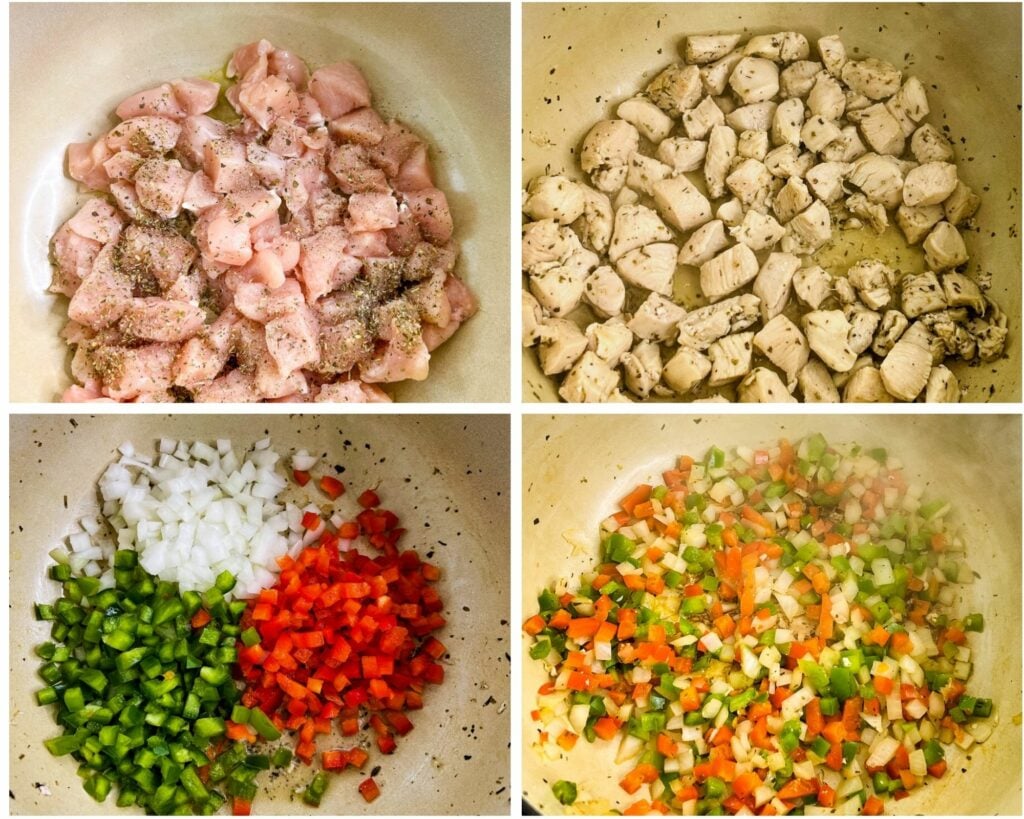collage of 4 photos showing how to cook chicken in a pot along with red pepper, green peppers, and onions
