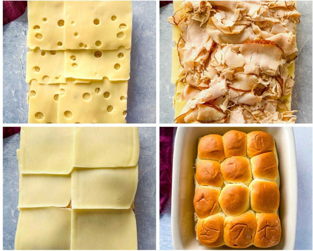 collage of 4 photos loading turkey and cheese onto Hawaiian rolls