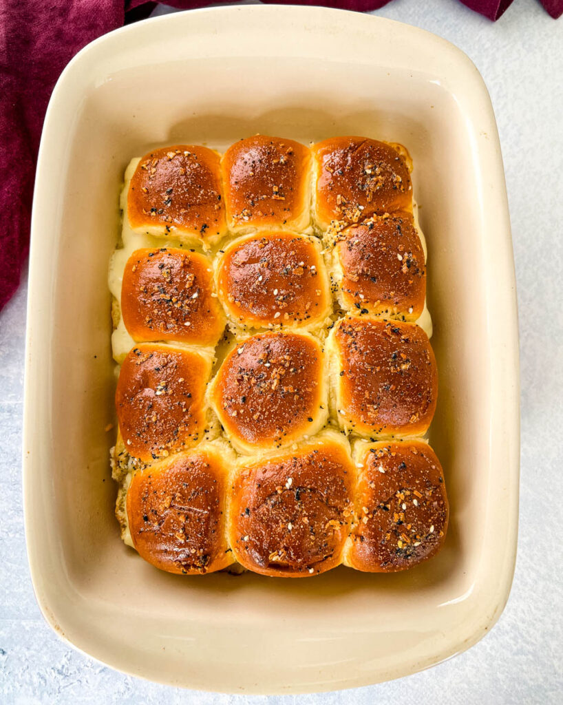 turkey cheese sliders in a baking dish