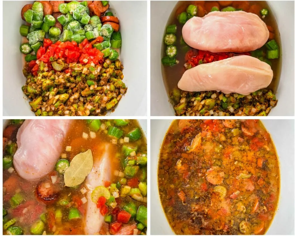 uncooked gumbo in a Crockpot slow cooker with chicken and shrimp