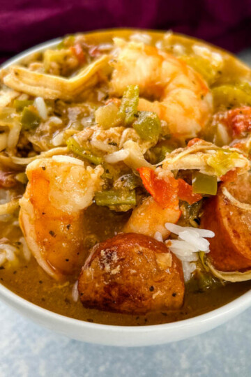 Slow cooker Crockpot gumbo in a white bowl