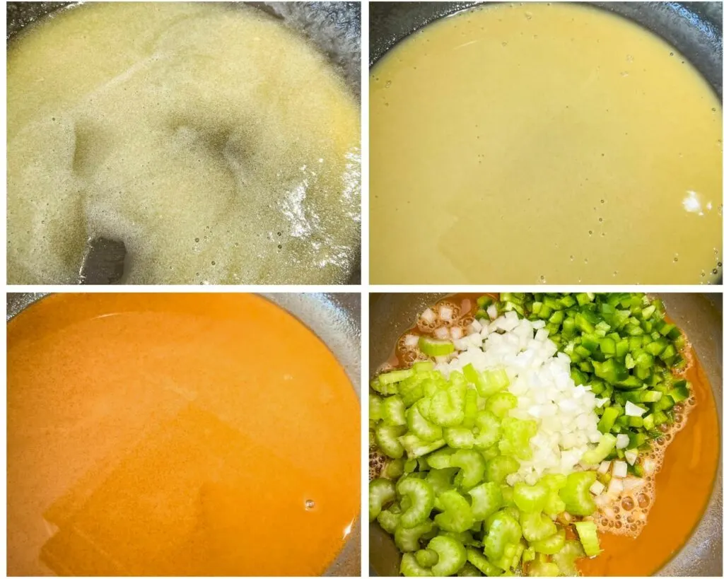 deep brown gumbo roux in a pan