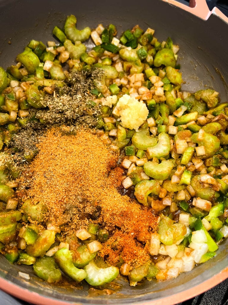 gumbo roux and vegetables in a skillet