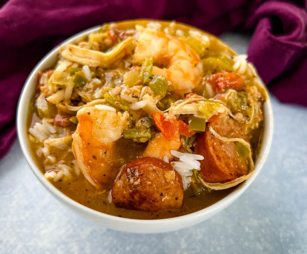 Slow cooker Crockpot gumbo in a white bowl