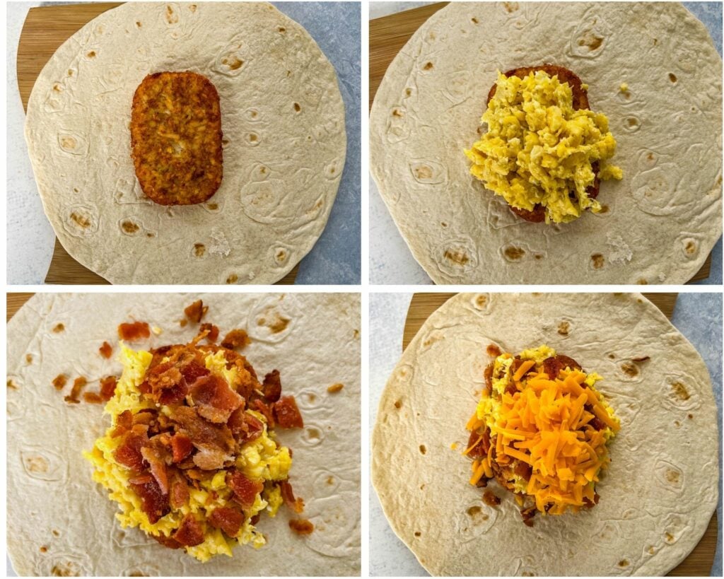 breakfast crunchwrap collage photo showing eggs, bacon, hashbrowns, and cheese
