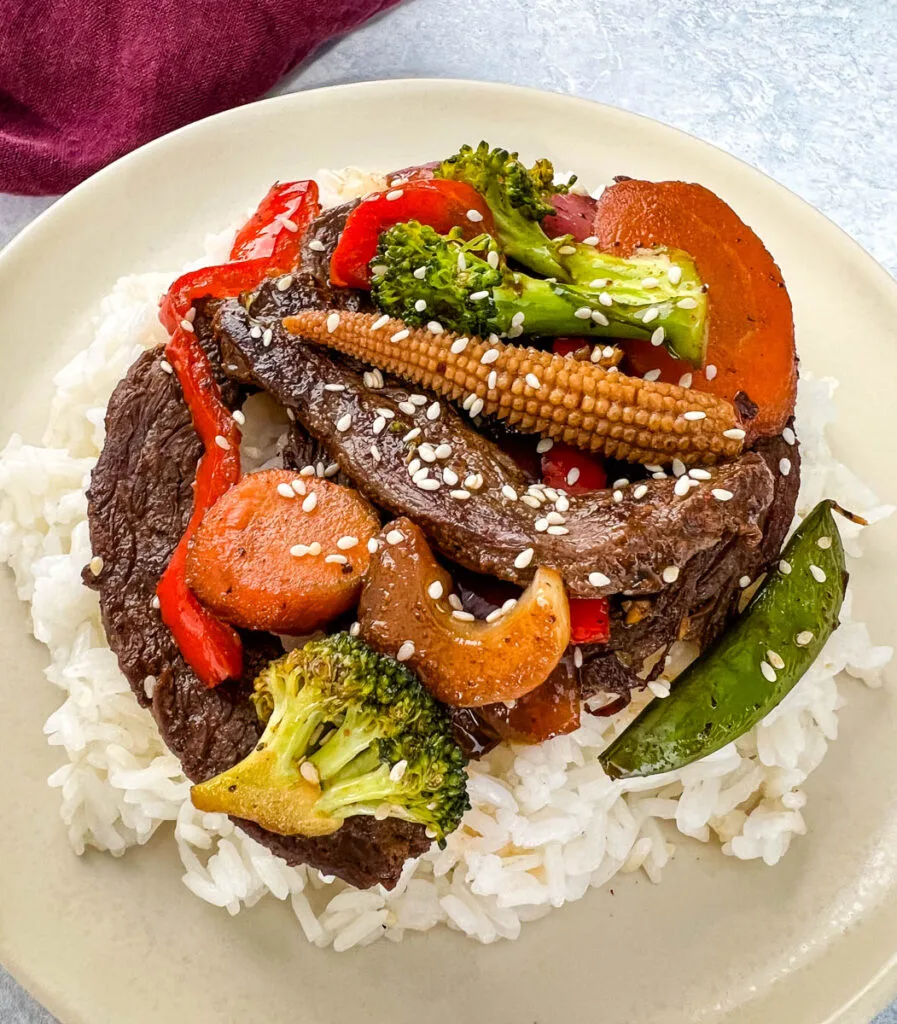 beef stir fry with vegetables over rice