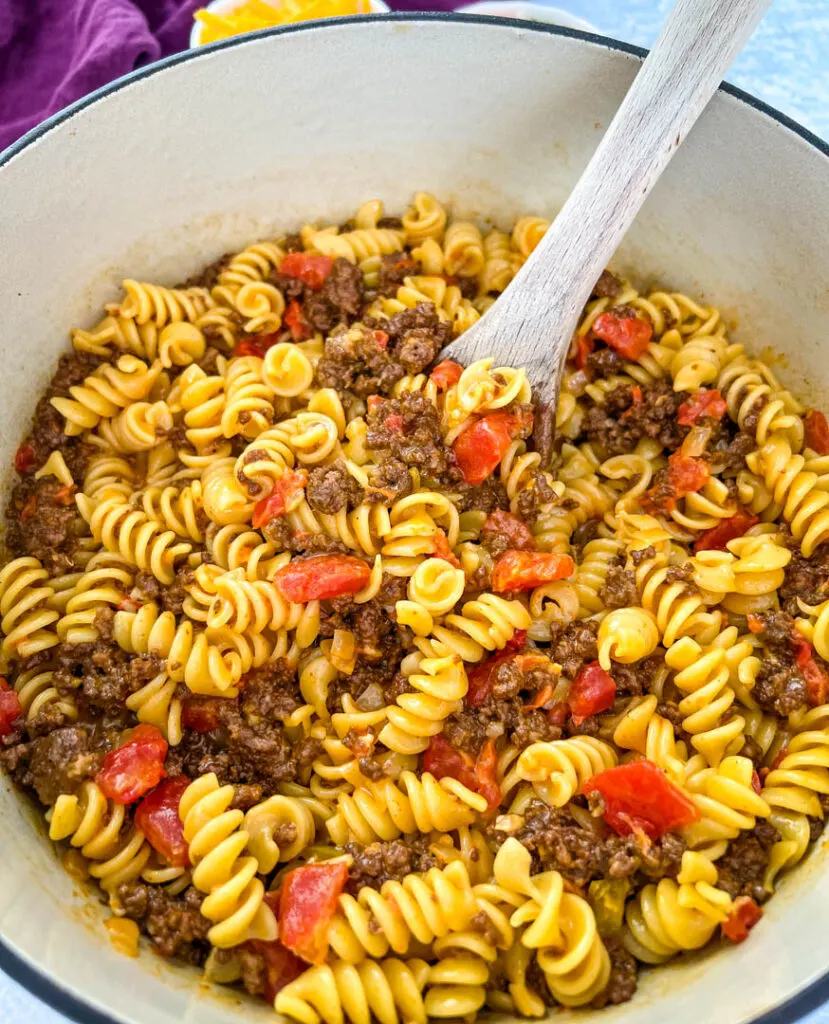 cheesy taco pasta in a large pot