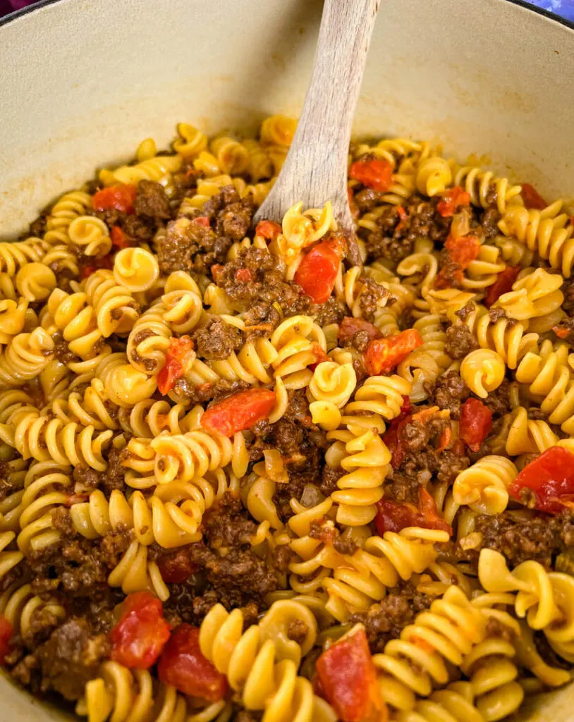 cheesy taco pasta in a large pot