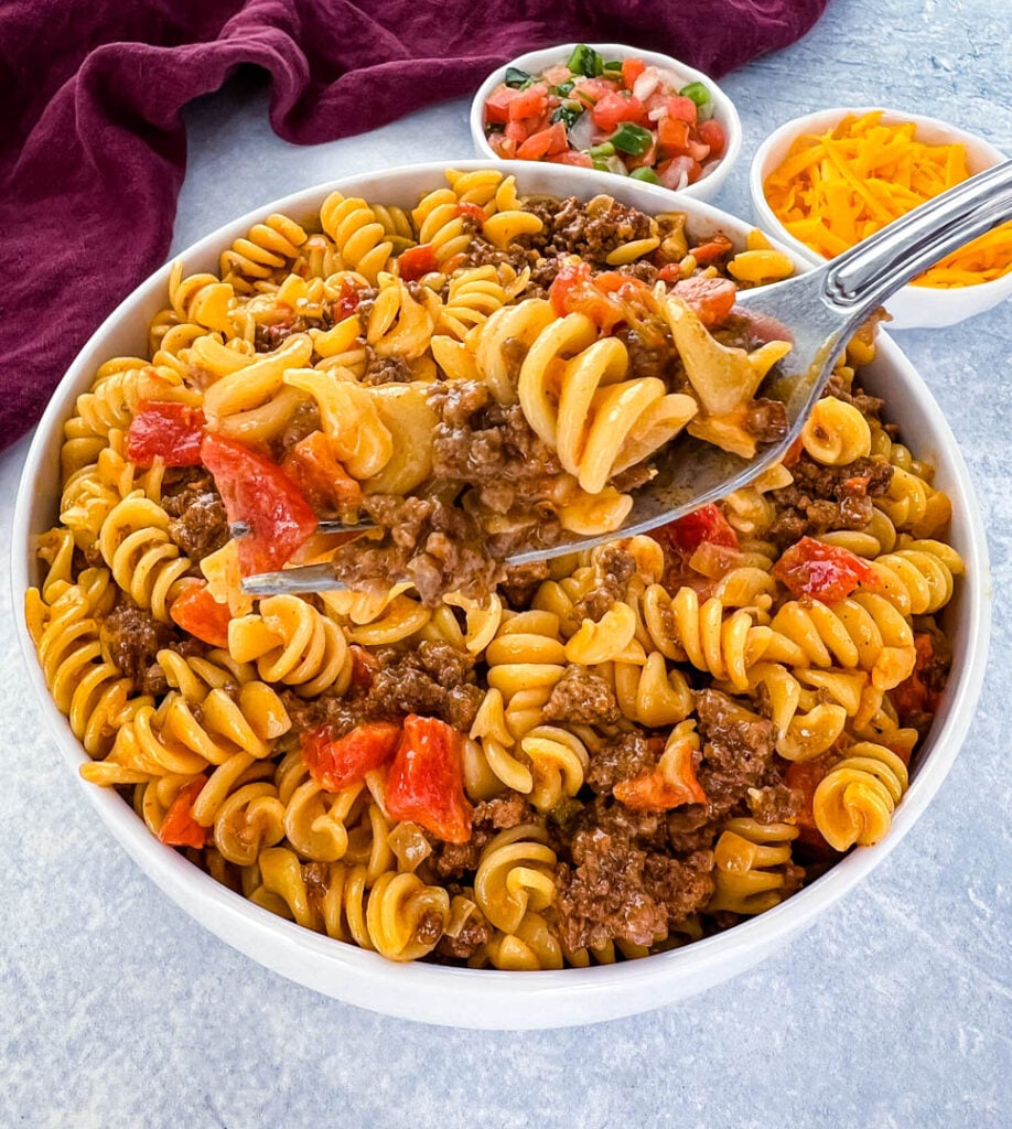 cheesy taco pasta in a fork
