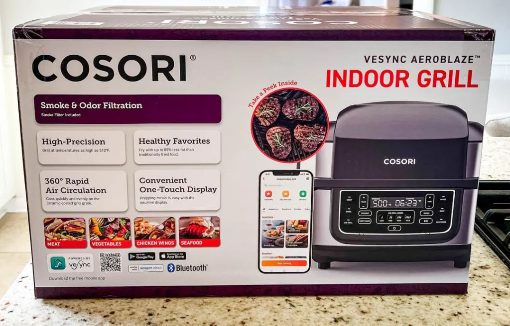 cosori aeroblaze indoor grill in the box on a kitchen counter