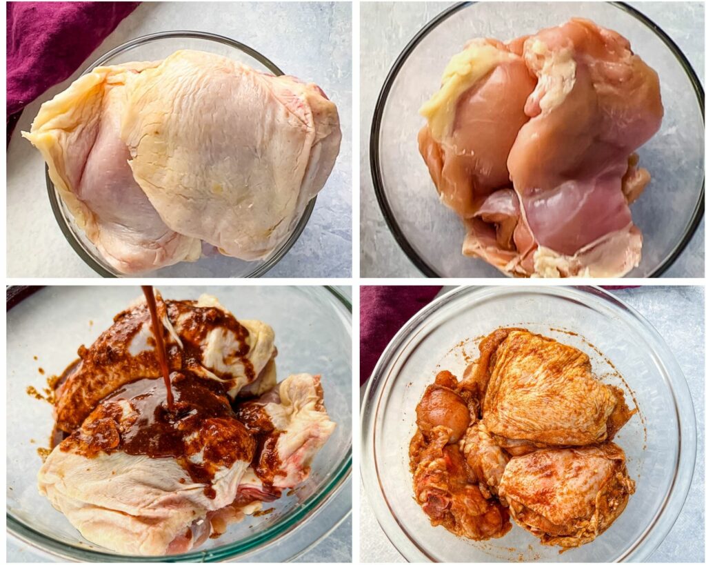 collage photo of 4 photos with raw chicken thighs and Jamaican jerk rub on the chicken