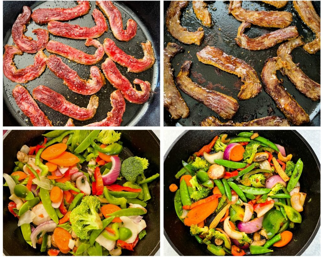 collage of 4 photos showing flank steak cooked in a cast iron with vegetables