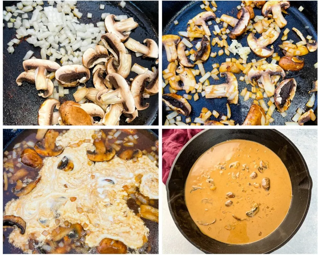 collage photo of 4 photos showing how to make chicken Madeira sauce