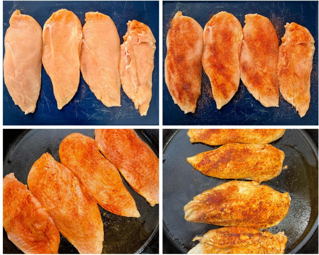 collage of 4 photos of chicken breasts cooked in a skillet