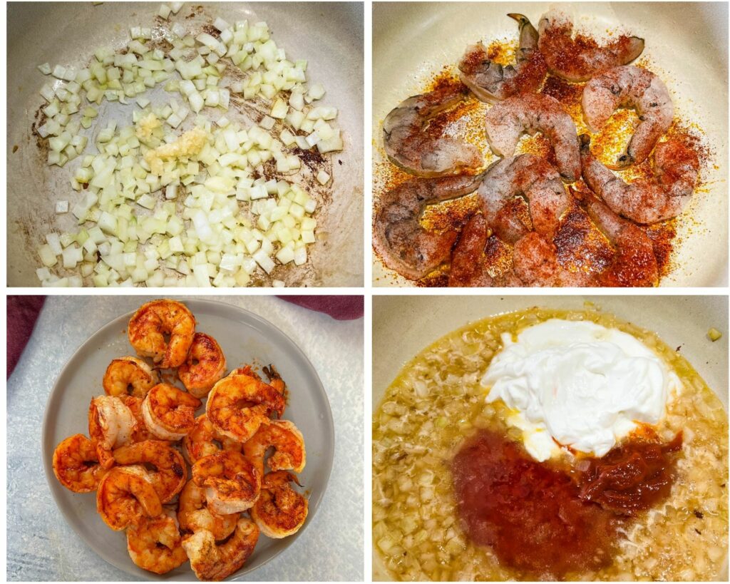 collage of 4 photos with bang bang shrimp pasta in a large pot