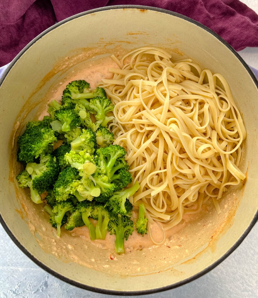 bang bang shrimp pasta in a Dutch oven