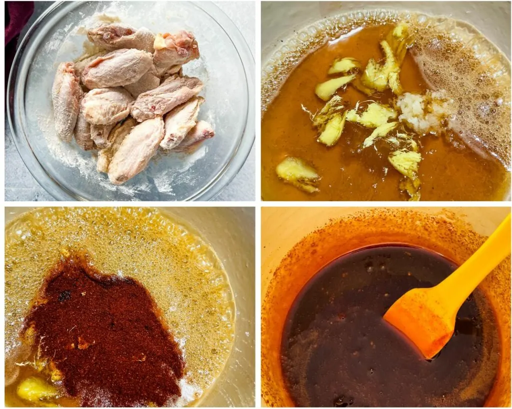 collage of 4 photos honey garlic sauce in a saucepan pot