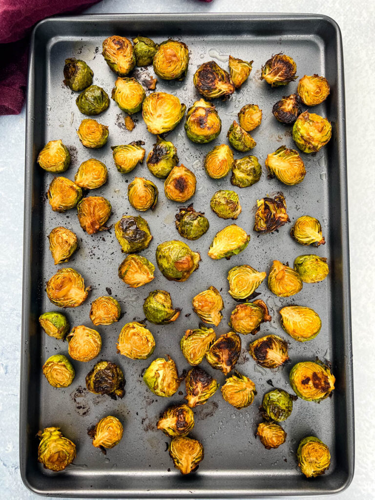 garlic brussels sprouts on a sheet pan