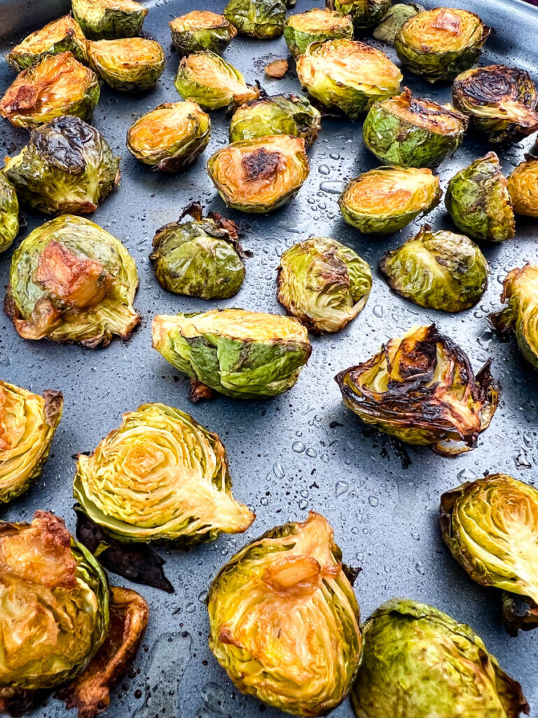 garlic brussels sprouts on a sheet pan