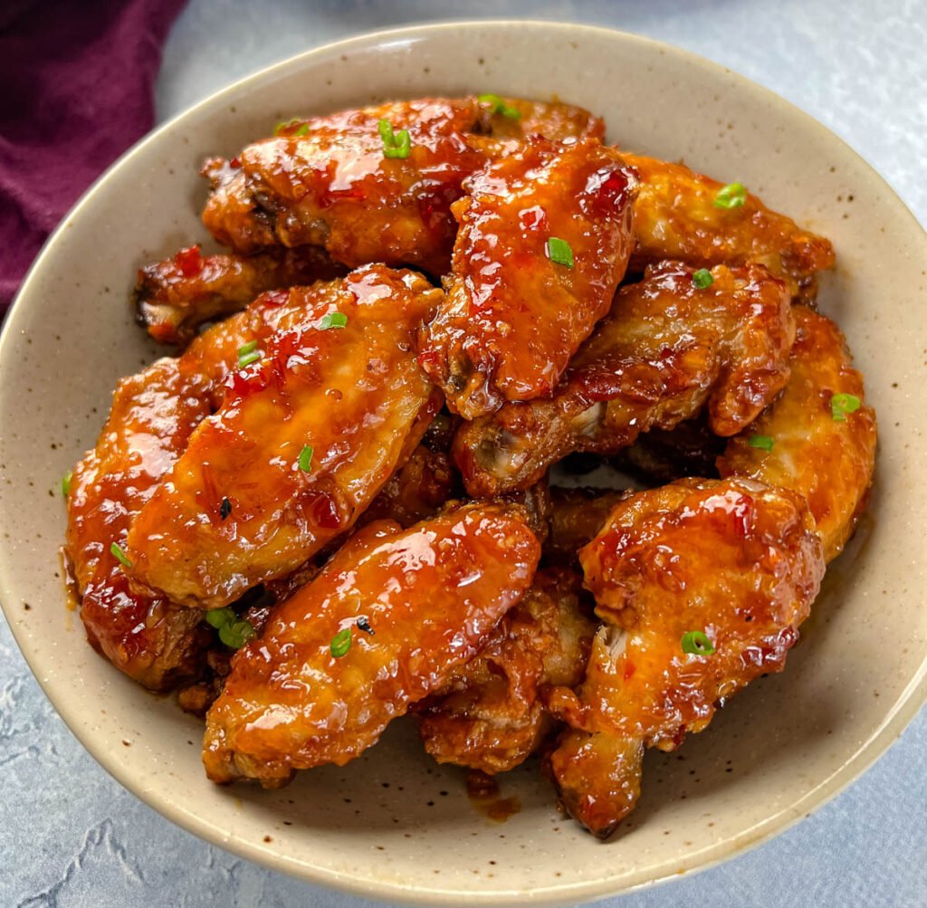 sweet chili chicken wings in a bowl