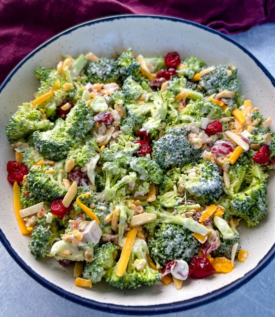 broccoli salad with cheese, bacon, and cranberries in a white bowl